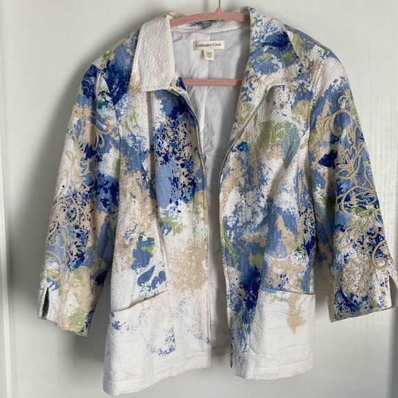 Coldwater Creek Jackets & Blazers - Coldwater Creek Embroidered Zip Jacket Size 16 | White Blue Green Tan | Cotton